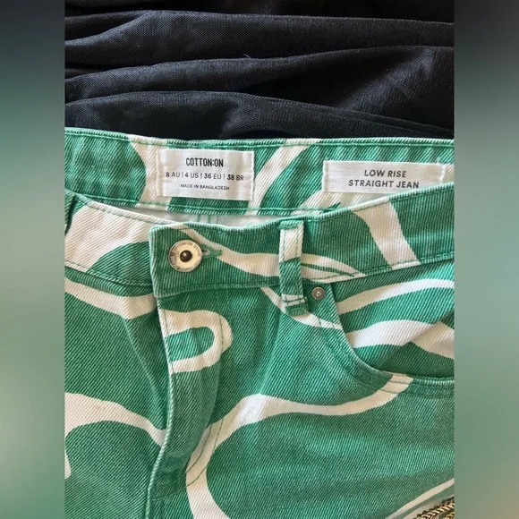Cotton On Low Rise Green and White Swirl Straight Jeans sz4 - Picture 10 of 13